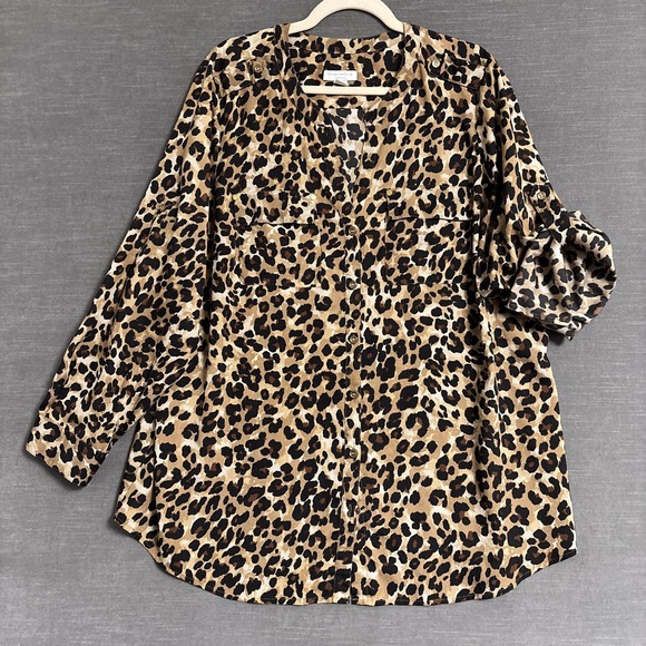 Charter Club Top 2X Brown Leopard Animal Tunic Button Up Roll Tab Classic - Picture 1 of 8
